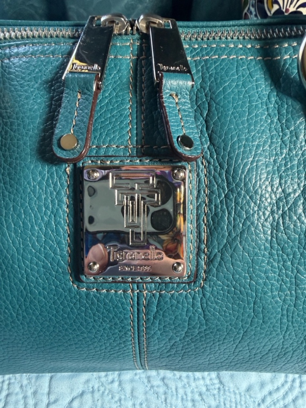 Teal Leather Satchel Handbag 14x8 - Picture 5 of 9